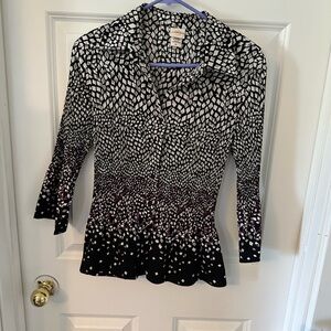 Covington Black and White Peplum Blouse with Notched Collar